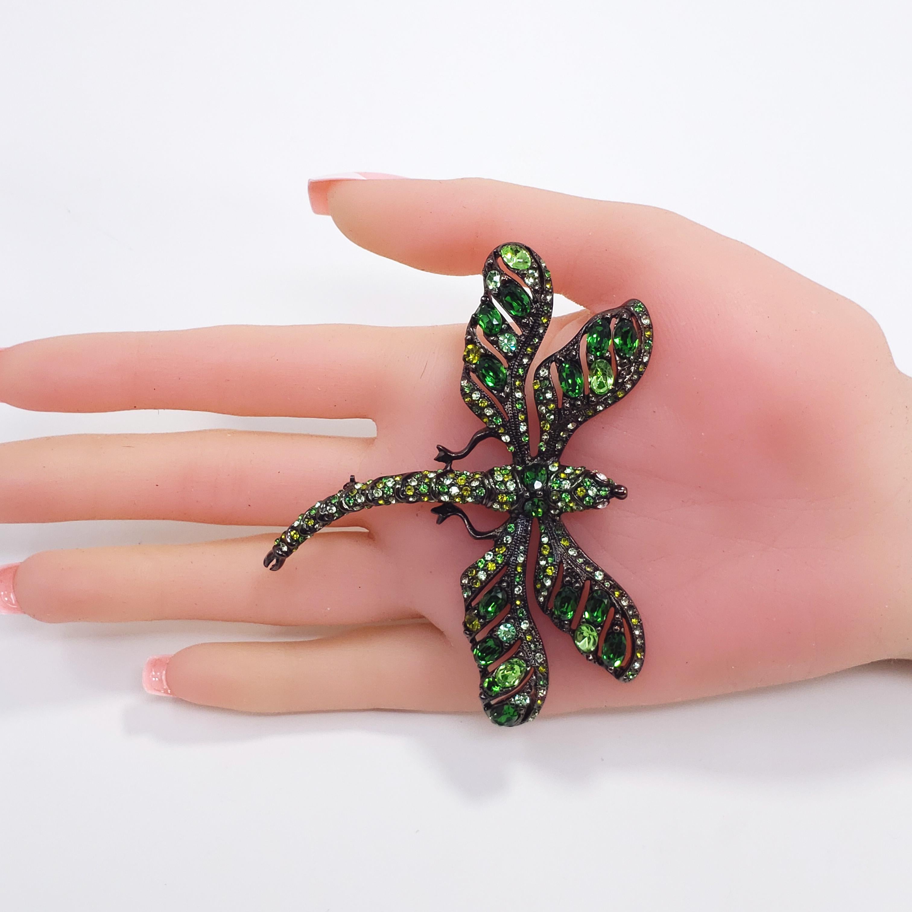 KJL Kenneth Jay Lane Embellished Green Crystal Dragonfly Pin, Dark Gunmetal In New Condition In Milford, DE