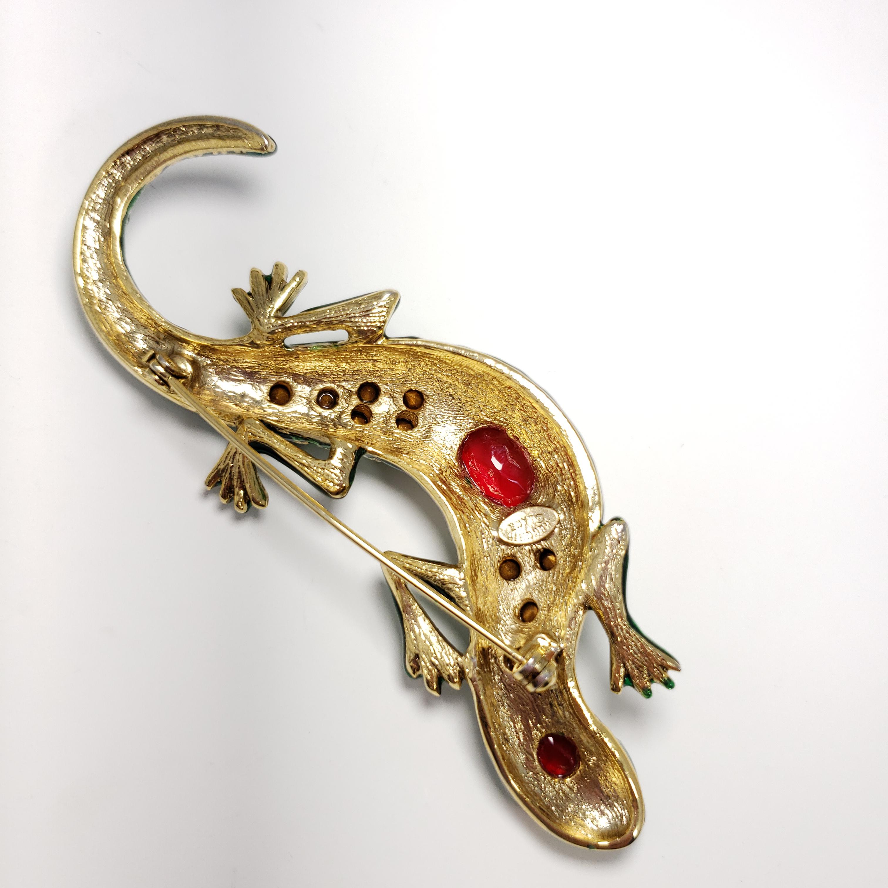 Women's or Men's KJL Kenneth Jay Lane Embellished Jeweled Ruby and Green Salamander For Sale