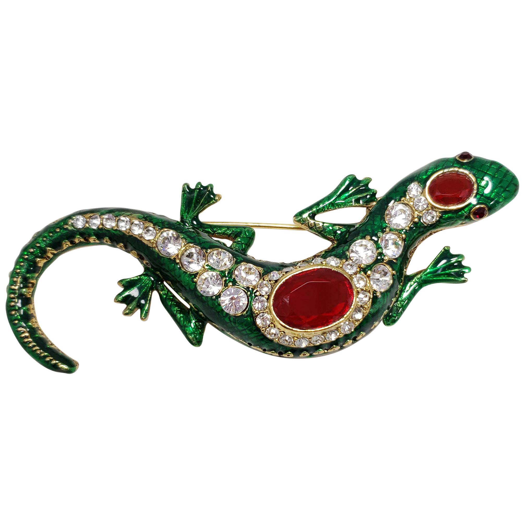 KJL Kenneth Jay Lane Embellished Jeweled Ruby and Green Salamander For Sale