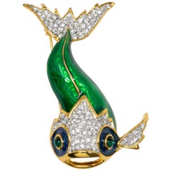 Used KJL Kenneth Jay Lane Embellished Koi Fish Brooch, Yellow Gold, Crystals & Enamel