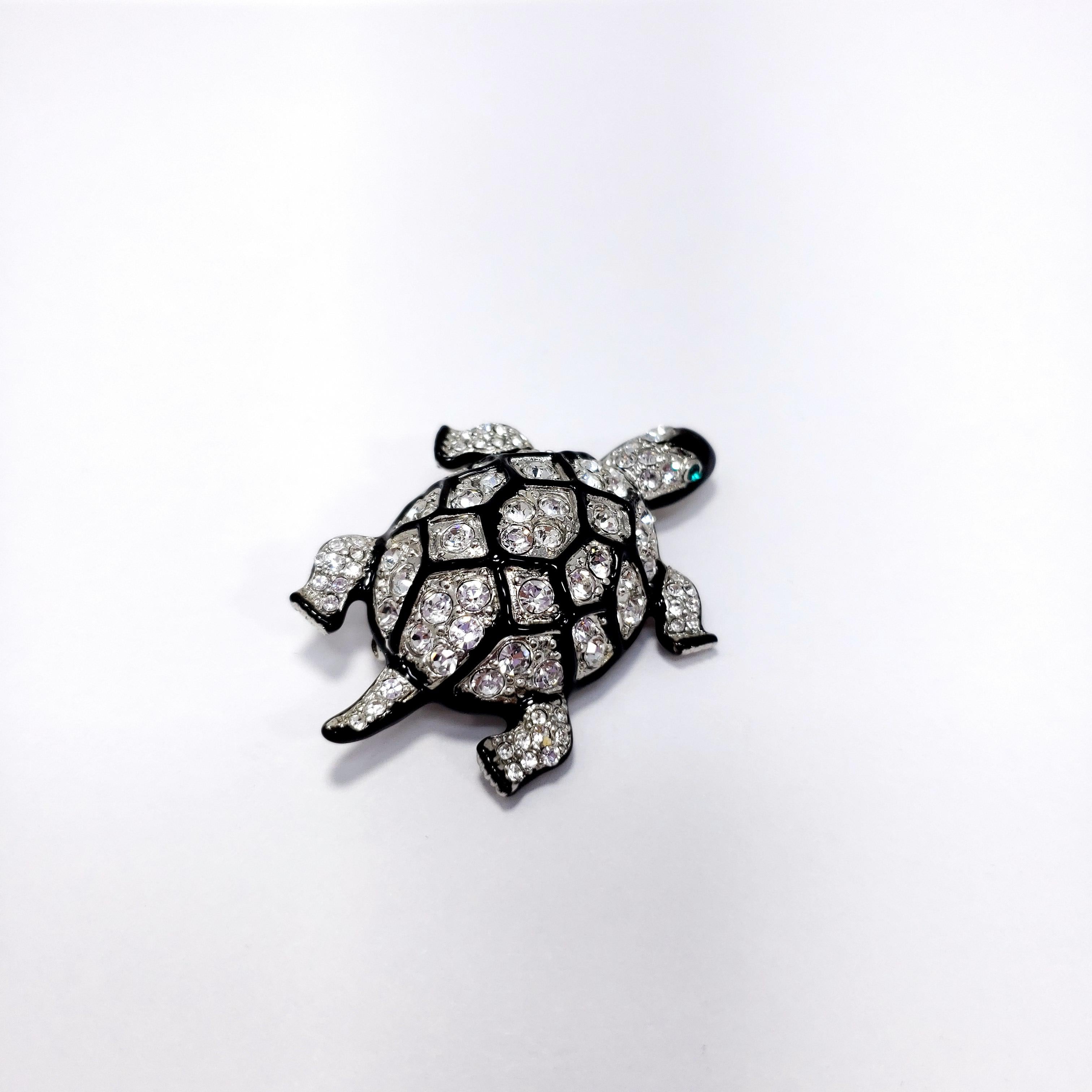 KJL Kenneth Jay Lane Embellished Pave Crystal Turtle Silver Brooch, Black Enamel In New Condition For Sale In Milford, DE