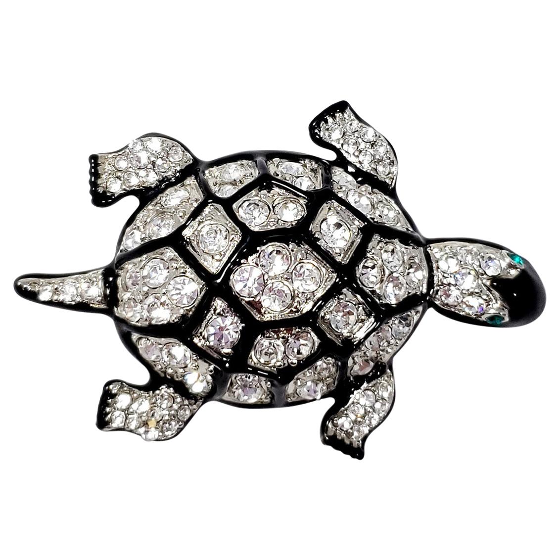 KJL Kenneth Jay Lane Embellished Pave Crystal Turtle Silver Brooch, Black Enamel