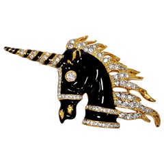 KJL Kenneth Jay Lane Embellished Unicorn Brooch, Black Enamel, Clear Crystals