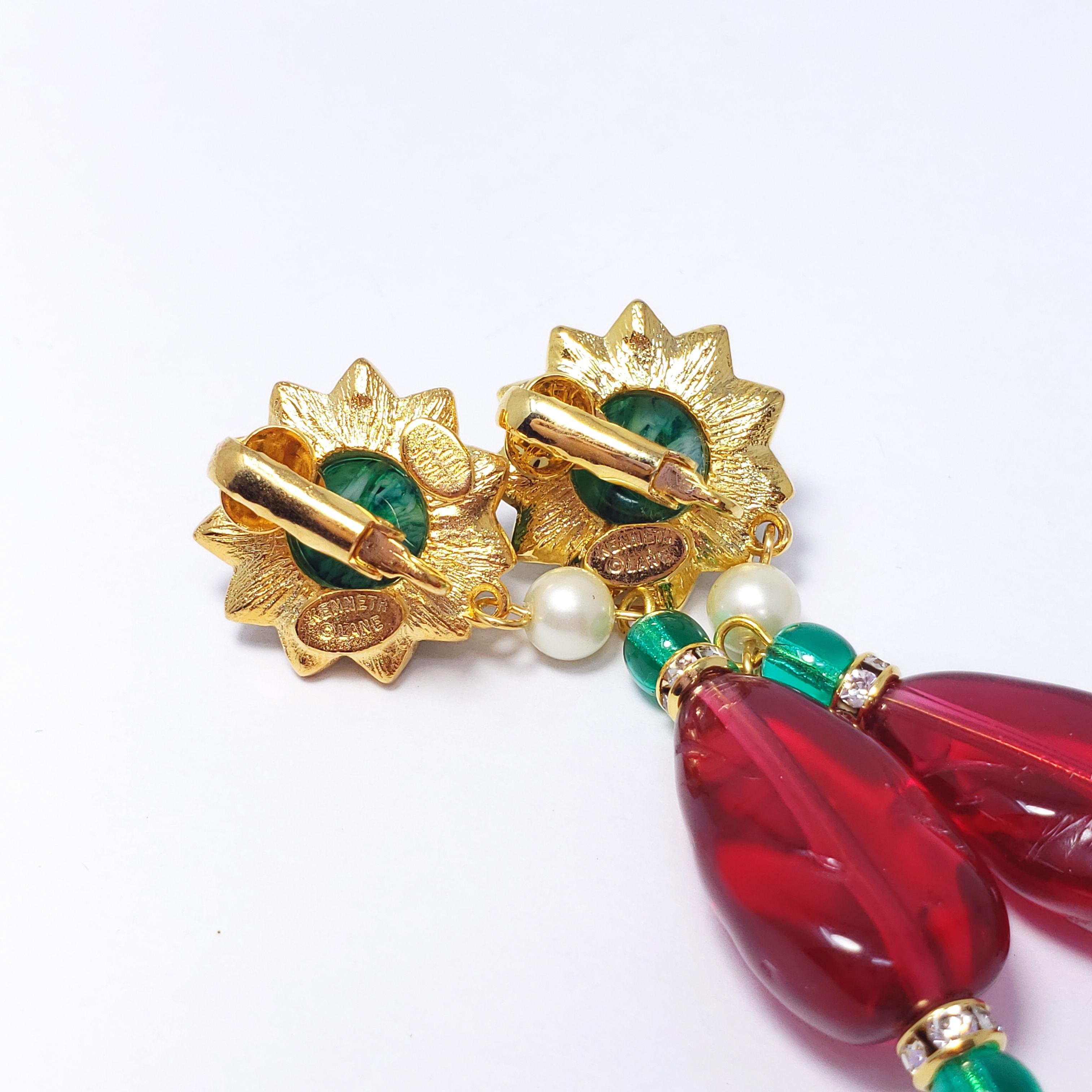 Women's or Men's KJL Kenneth Jay Lane Emerald and Ruby Crystal Clip on Dangling Earrings Goldtone