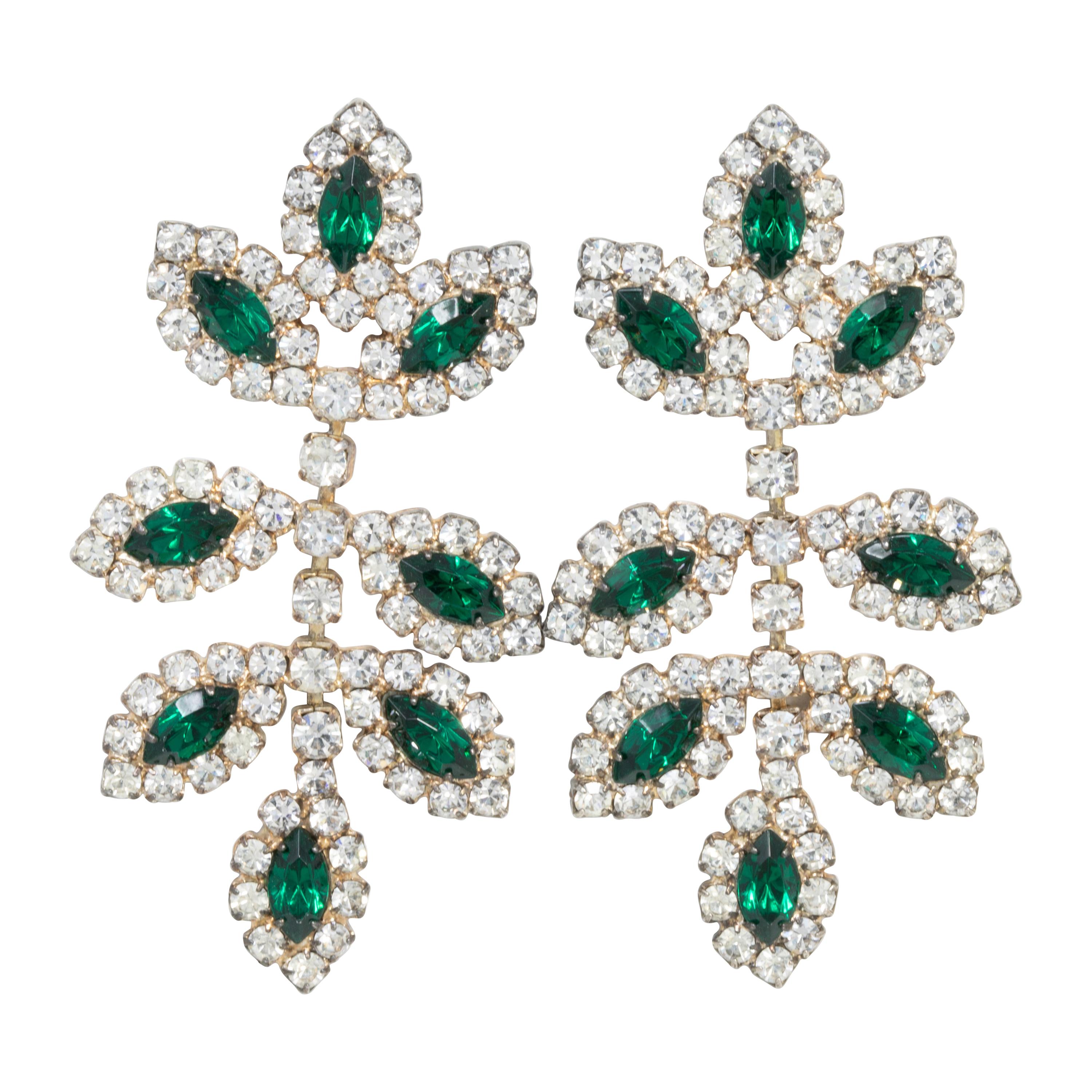KJL Kenneth Jay Lane Emerald Crystal Leaf Drop Earrings, Mid-Late 1900s, Posts