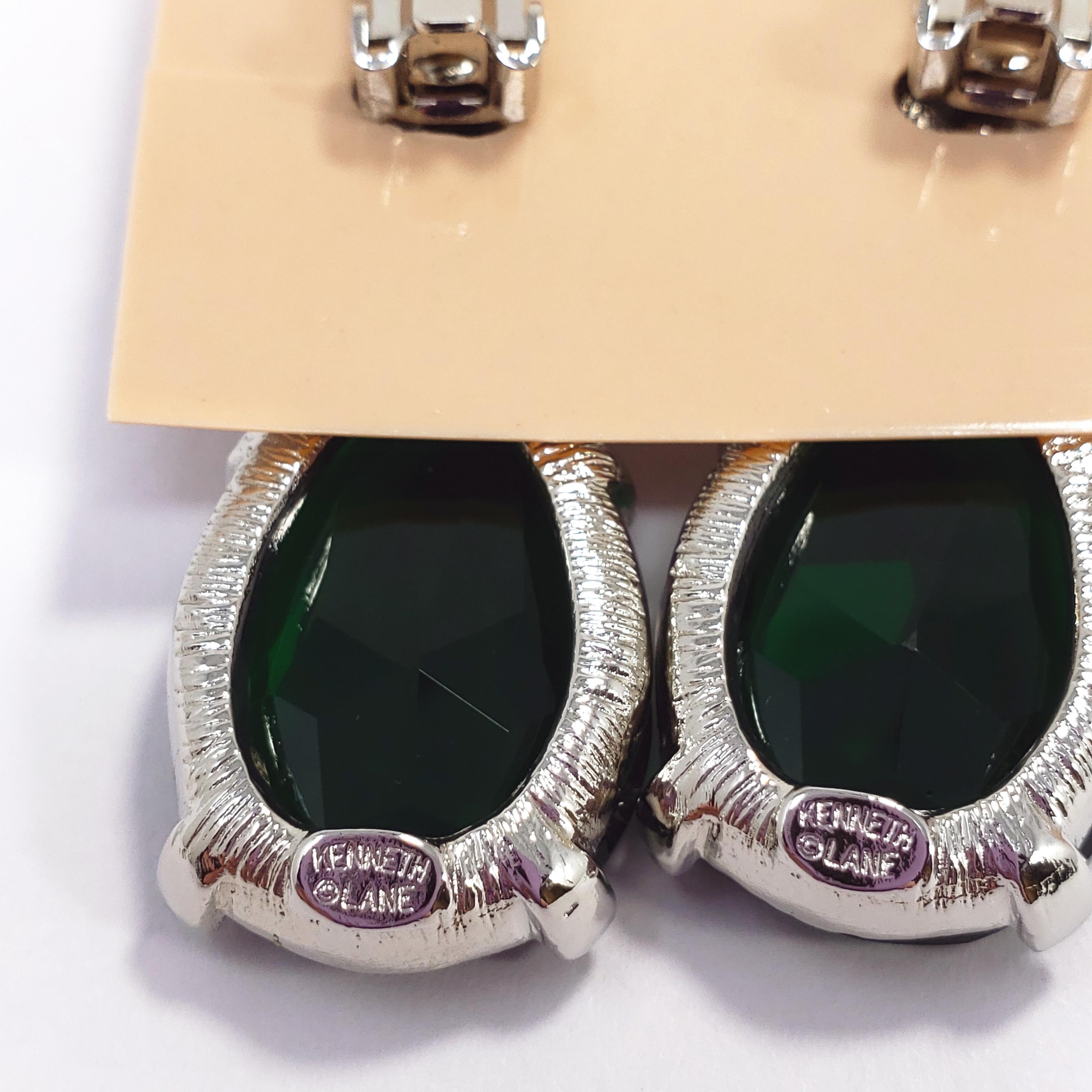 Women's or Men's KJL Kenneth Jay Lane Emerald Teardrop Crystal Clip on Dangling Silver Earrings