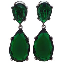 KJL Kenneth Jay Lane Emerald Teardrop Crystal Clip on Dangling Silver Earrings