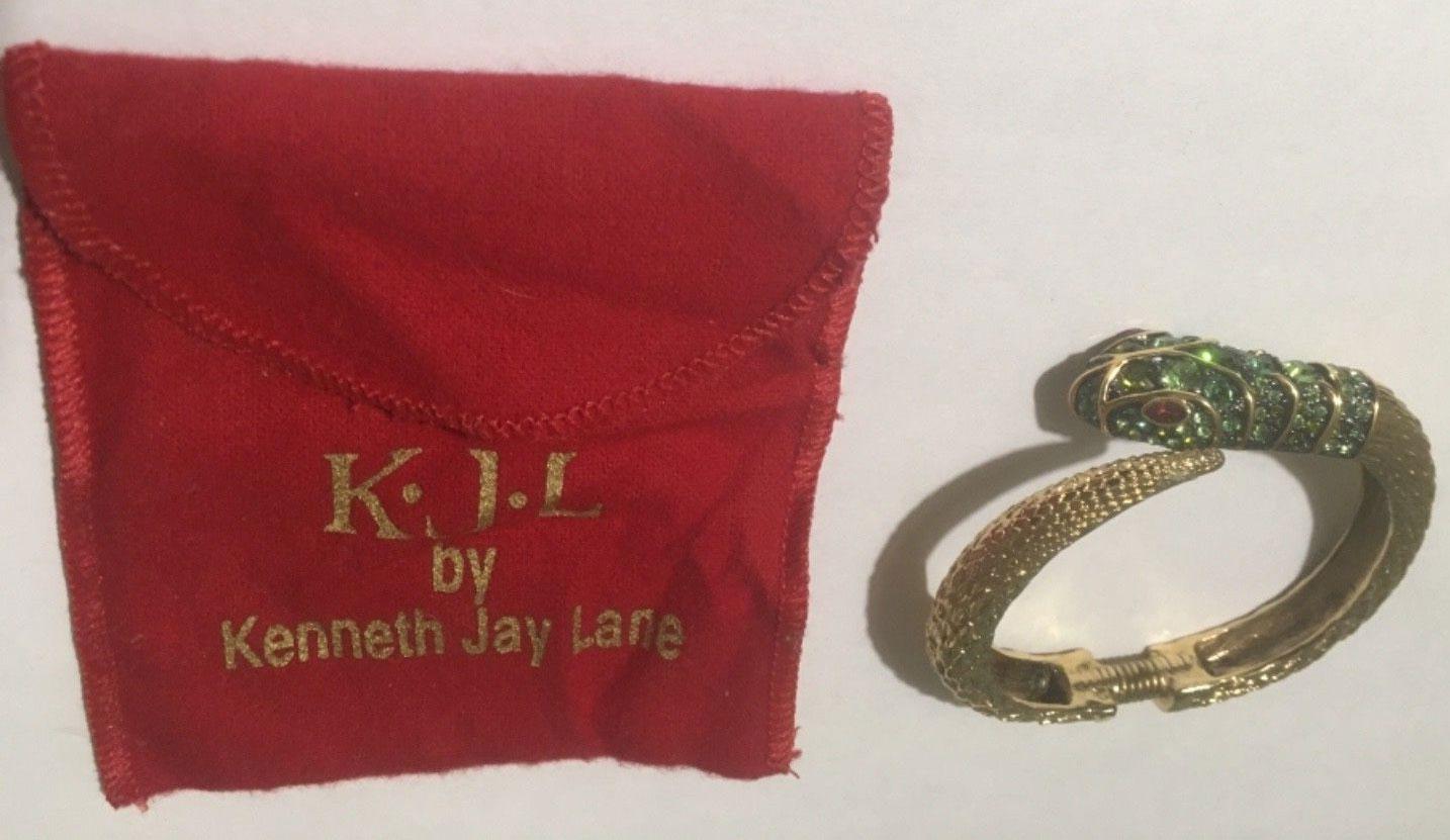 Modernist KJL Kenneth Jay Lane Faux Emerald Gemstone Enamel Snake Cuff Bracelet