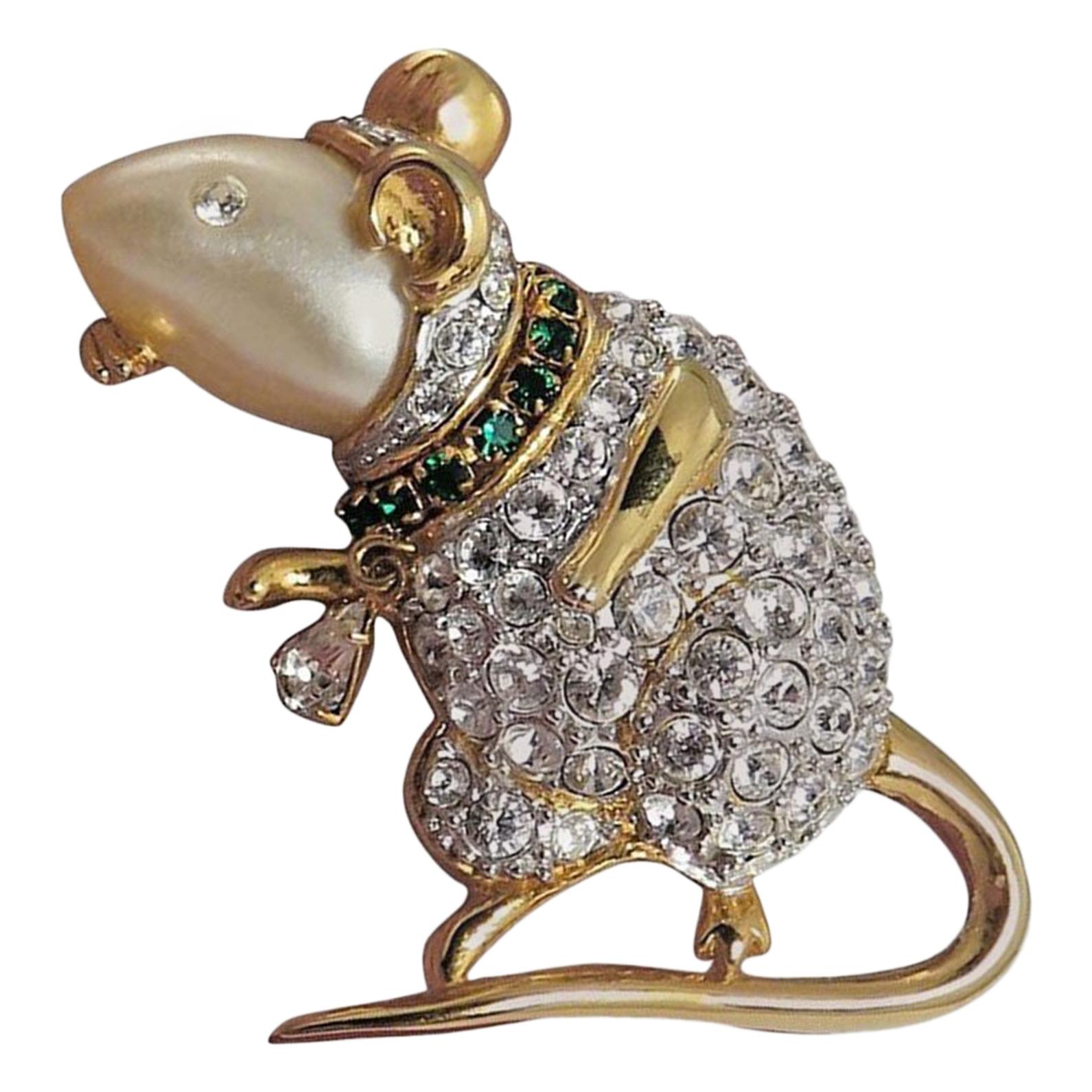 Kenneth Jay Lane Glass and Gold-Plated Mouse Critter Pin Brooch 