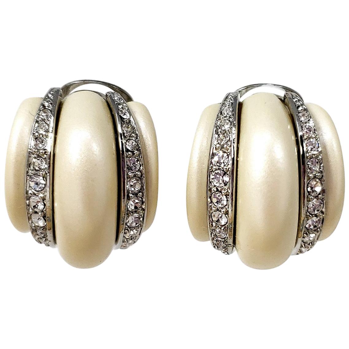 KJL Kenneth Jay Lane Faux Pearl Crystal Embellished Clip on Earrings in Silver