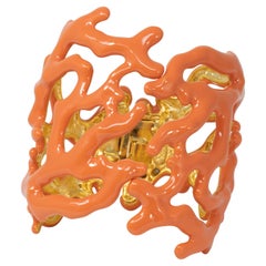 KJL Kenneth Jay Lane Gold Coral Branch Enamel Soft Orange Cuff Bracelet