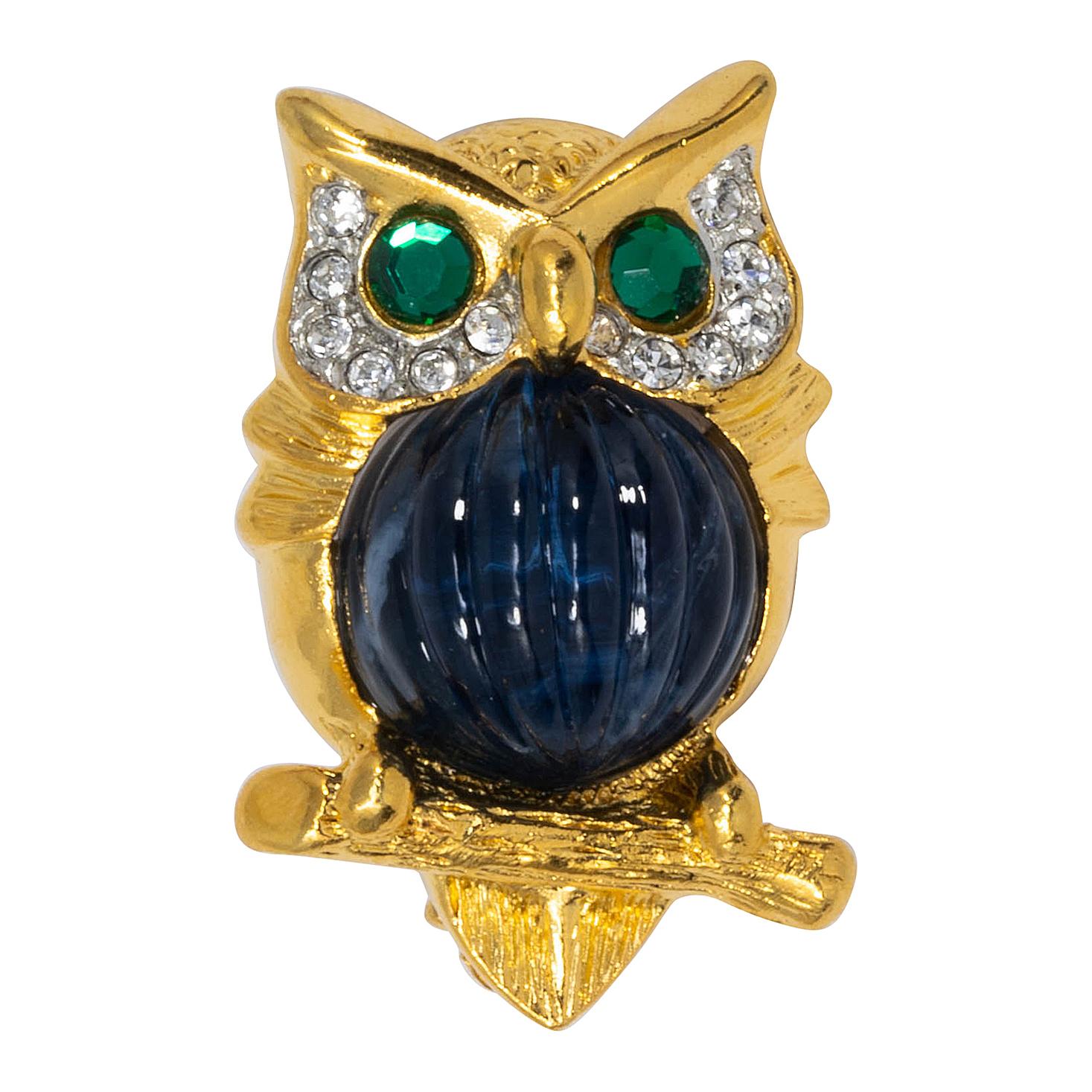 KJL Kenneth Jay Lane Gold Crystal Own Pin Brooch, Blue Jelly Belly Cabochon For Sale
