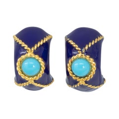 KJL Kenneth Jay Lane Gold Domed Clip On Earrings, Blue and Turquoise Enamel