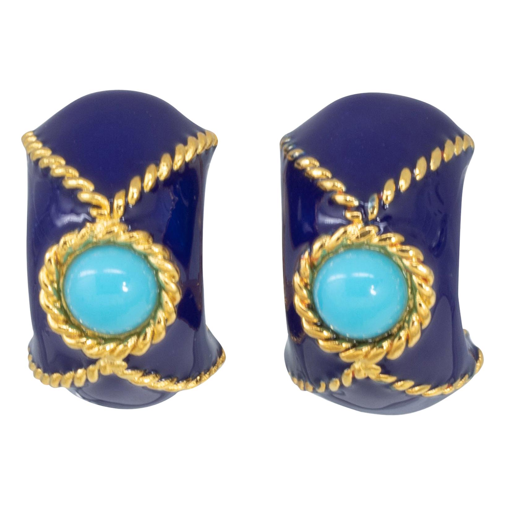 KJL Kenneth Jay Lane Gold Domed Clip On Earrings, Blue and Turquoise Enamel