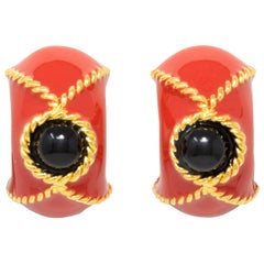 KJL Kenneth Jay Lane Gold Domed Clip On Earrings, Red and Black Enamel