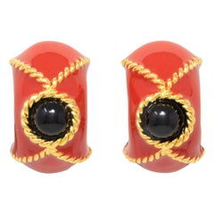 KJL Kenneth Jay Lane Gold Domed Clip On Earrings, Red and Black Enamel