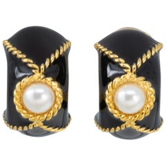 KJL Kenneth Jay Lane Gold Faux Pearl Domed Clip On Earrings, Black Enamel