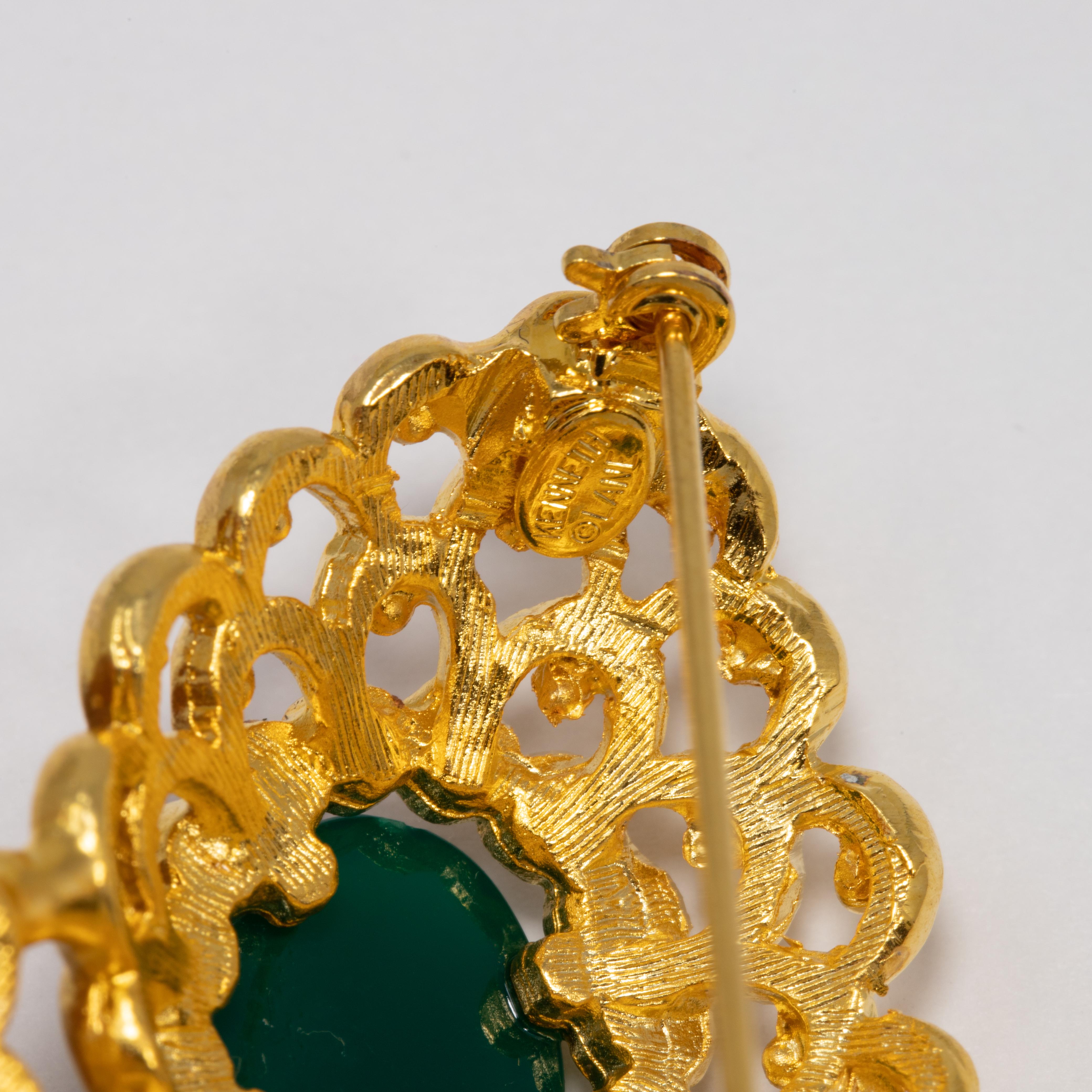 KJL Kenneth Jay Lane Gold Filigree, Green Cabochon  and Crystal Pin Brooch In New Condition For Sale In Milford, DE