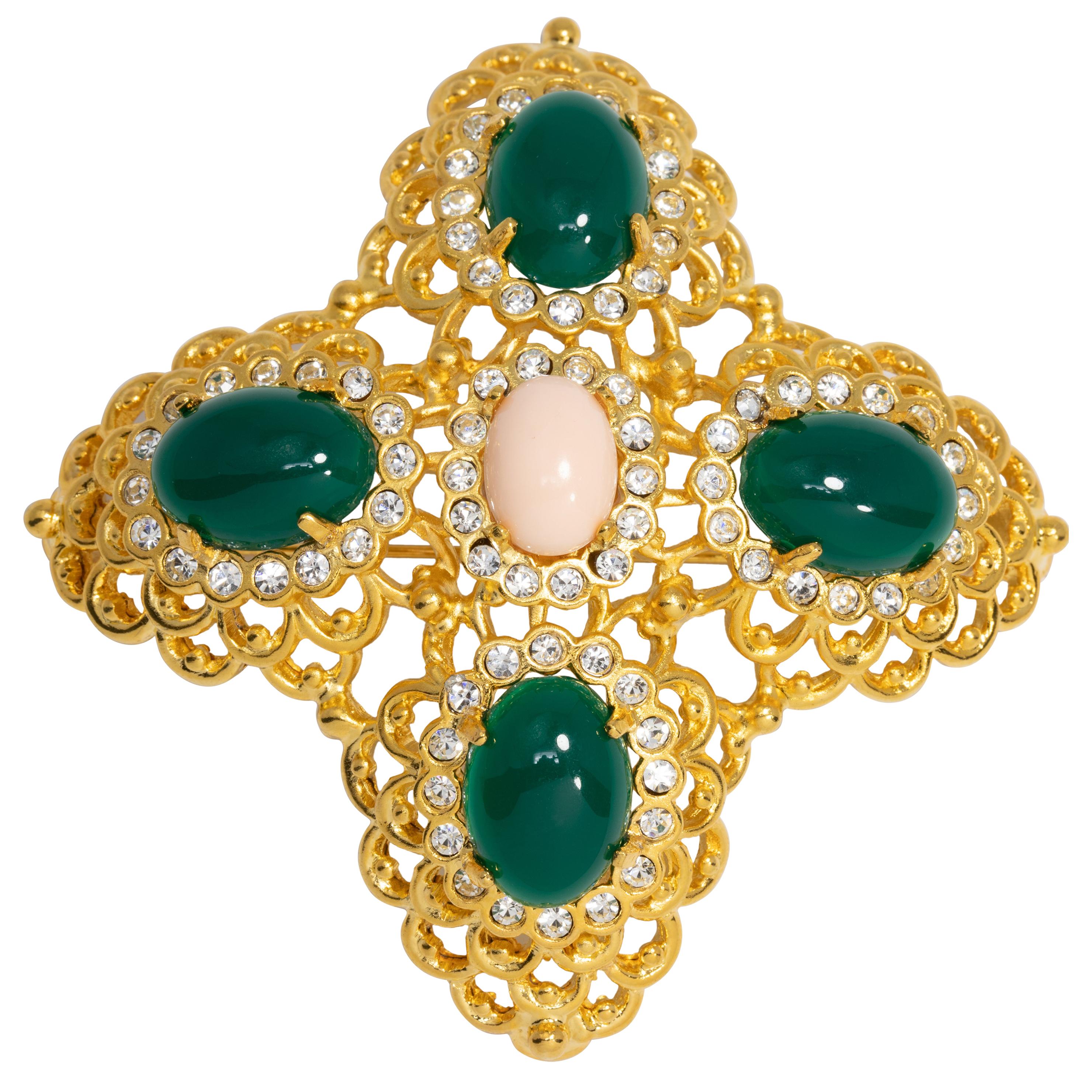 KJL Kenneth Jay Lane Gold Filigree, Green Cabochon  and Crystal Pin Brooch