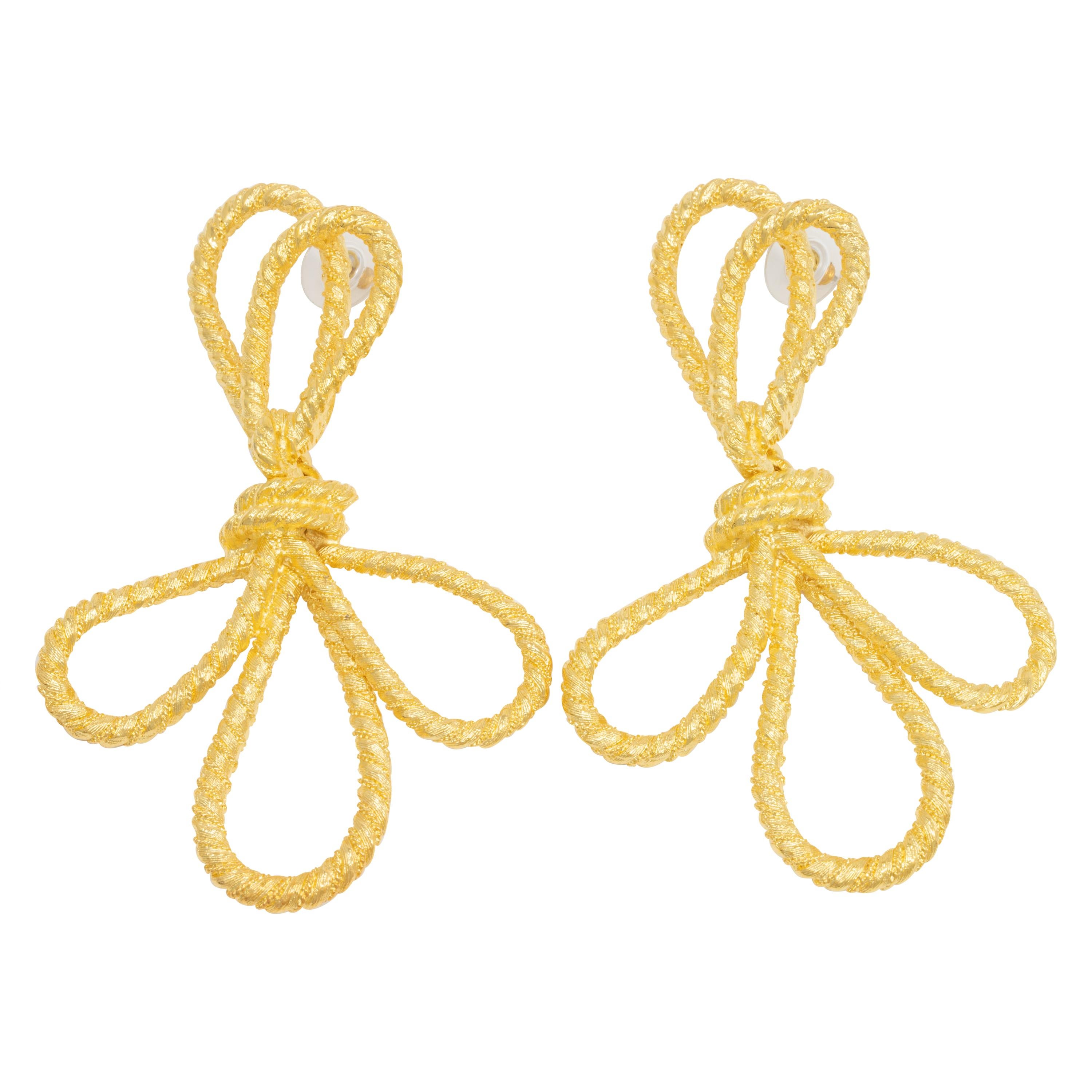 KJL Kenneth Jay Lane Gold Knotted Bow Drop Dangle Earrings, Contemporary For Sale