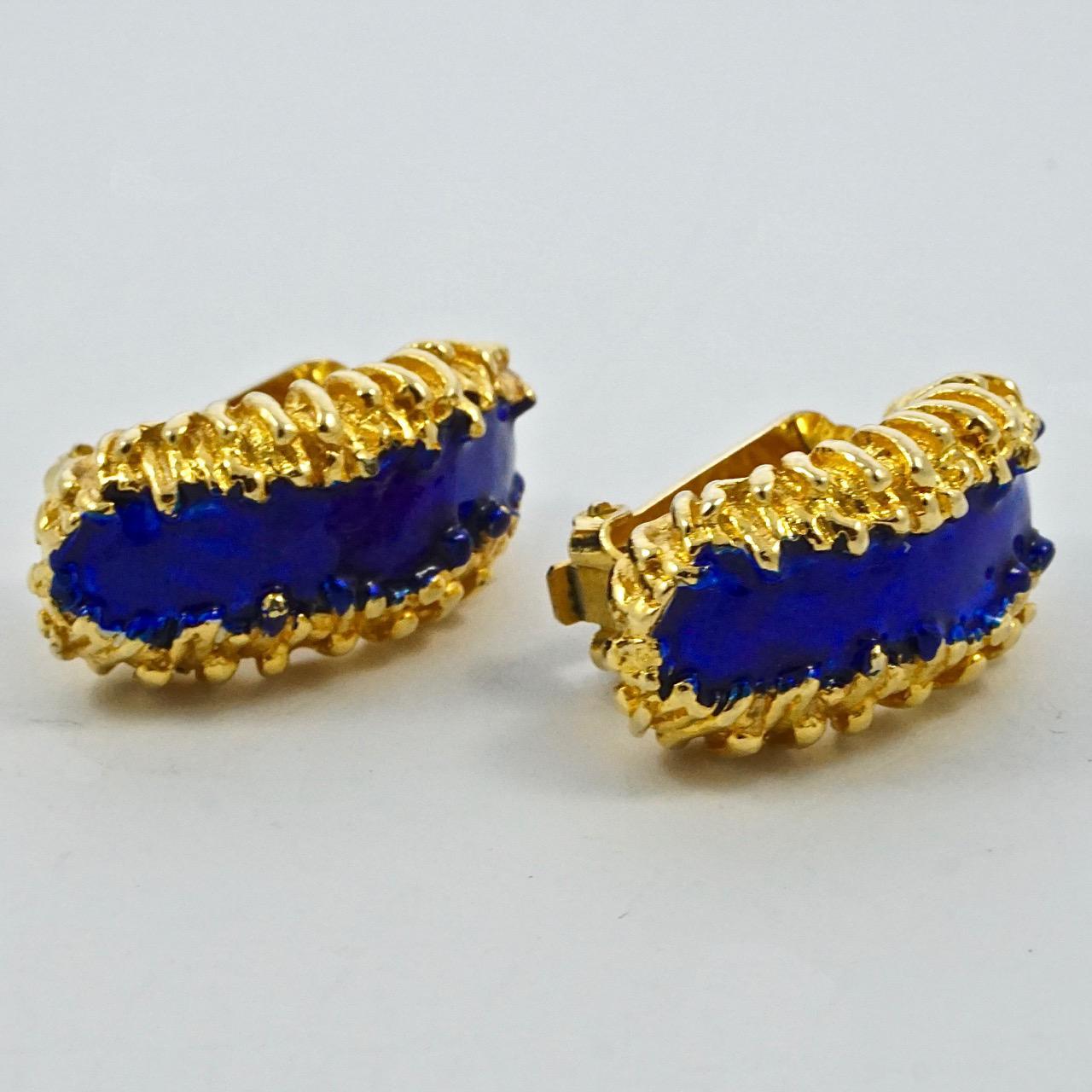 Women's or Men's KJL Kenneth Jay Lane Gold Plated and Cobalt Blue Enamel Clip On Earrings For Sale