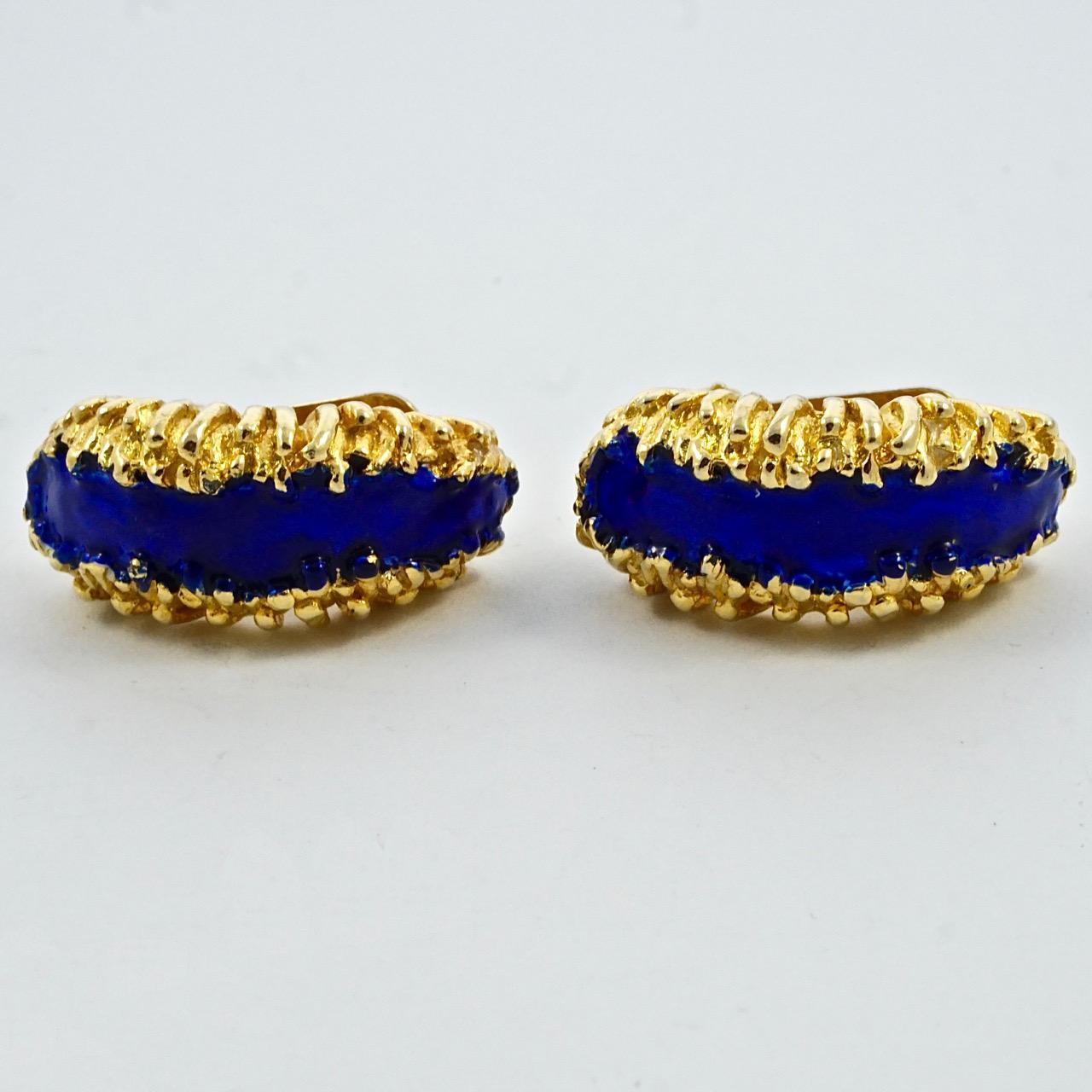 KJL Kenneth Jay Lane Gold Plated and Cobalt Blue Enamel Clip On Earrings For Sale 1