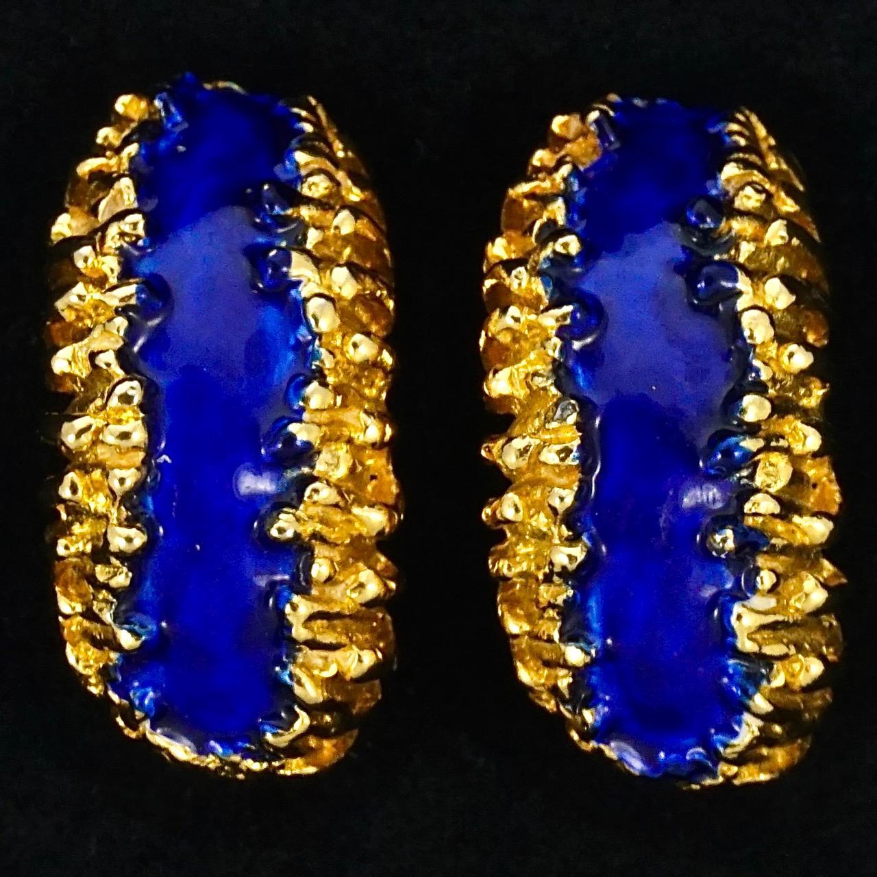 KJL Kenneth Jay Lane Gold Plated and Cobalt Blue Enamel Clip On Earrings For Sale 2