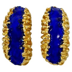 Retro KJL Kenneth Jay Lane Gold Plated and Cobalt Blue Enamel Clip On Earrings