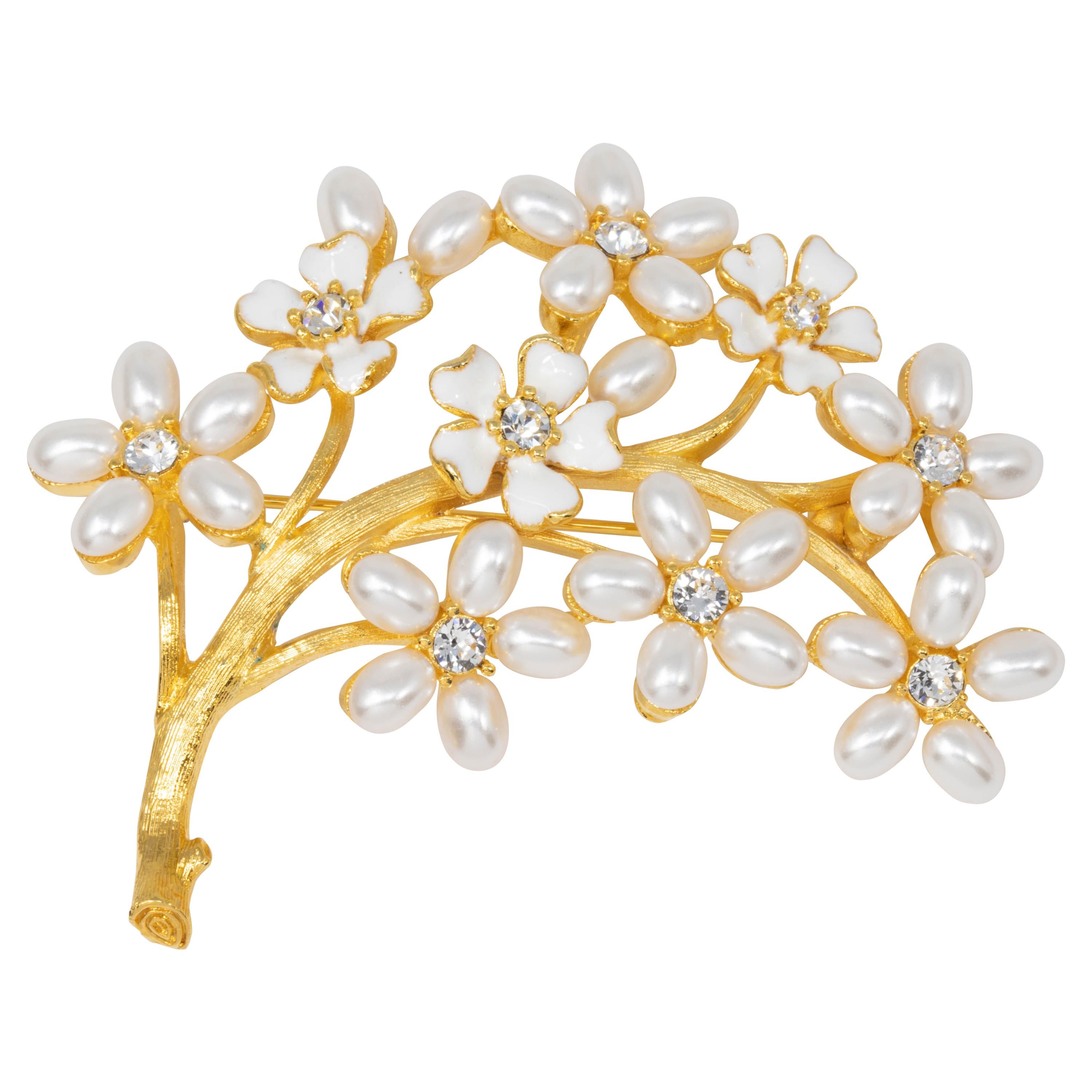 KJL Kenneth Jay Lane Gold Branch Pearl Flower Pin Brooch, Clear Crystals