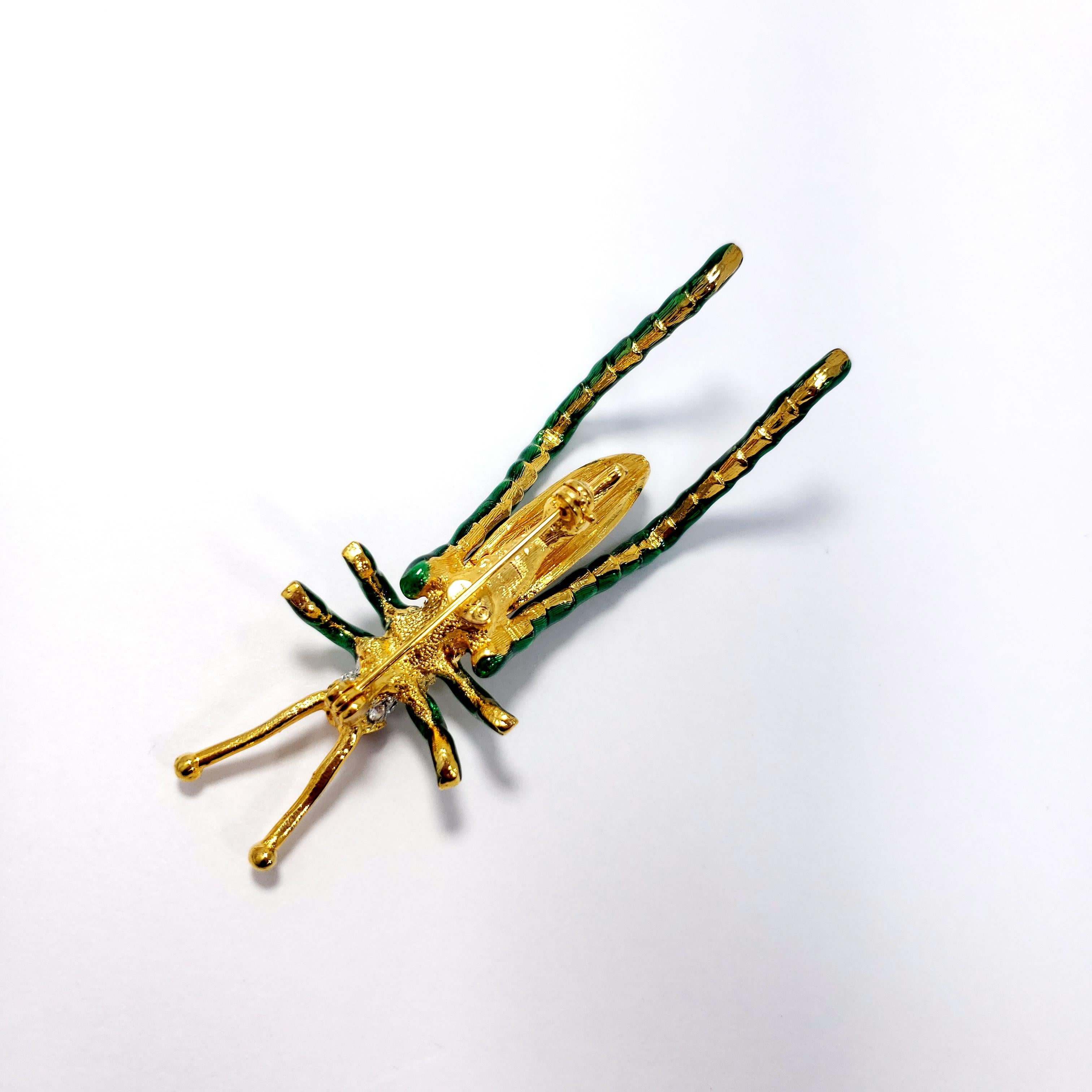 Women's or Men's KJL Kenneth Jay Lane Grasshopper Brooch, Green Enamel, Clear Crystals, in Gold
