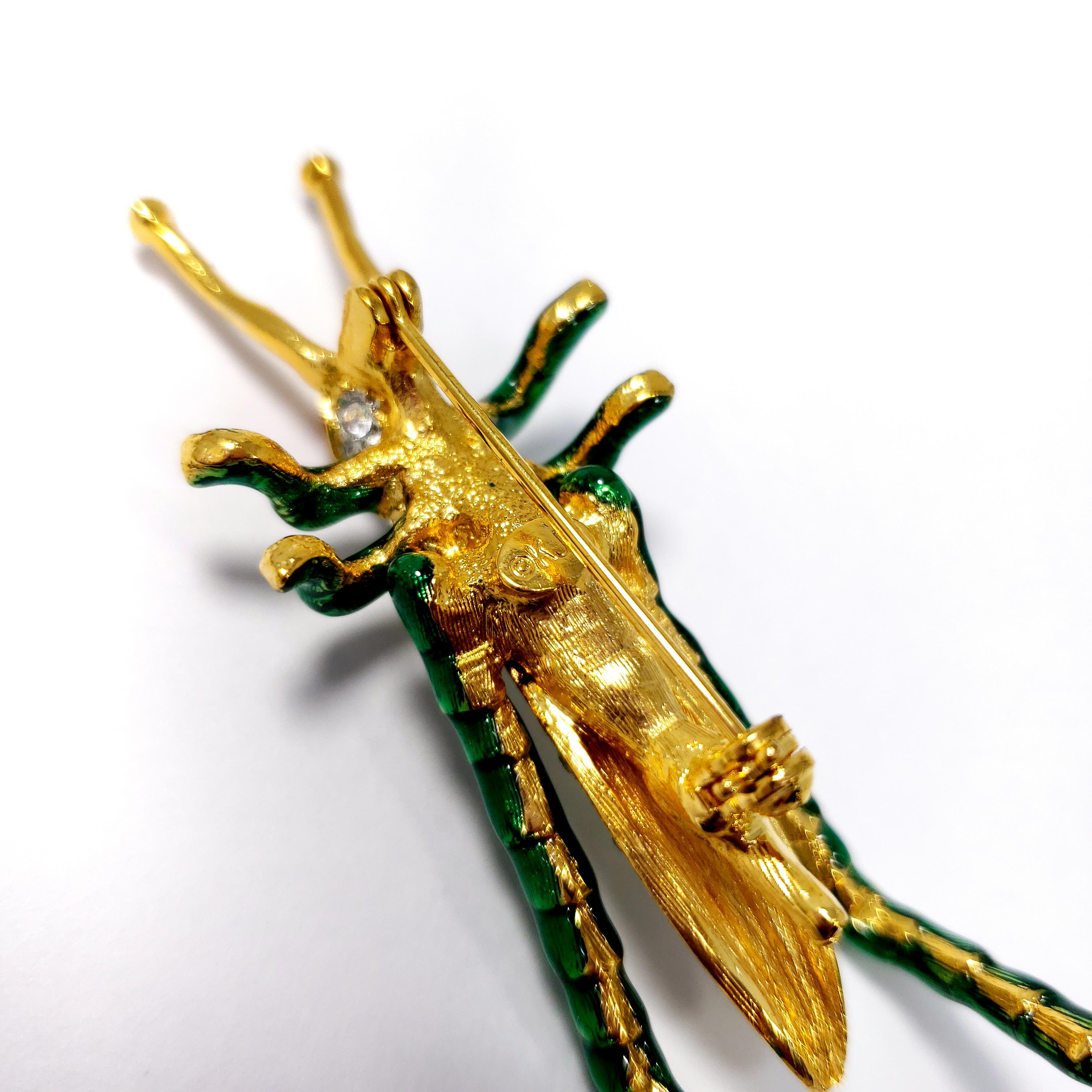 KJL Kenneth Jay Lane Grasshopper Brooch, Green Enamel, Clear Crystals, in Gold 1