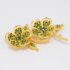 KJL Kenneth Jay Lane Gold Double Flower Pin Brooch, Green Crystal Stones, Modern