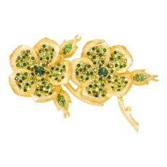 KJL Kenneth Jay Lane Gold Double Flower Pin Brooch, Green Crystal Stones, Modern