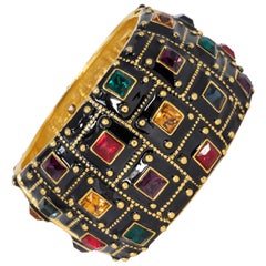KJL Kenneth Jay Lane Gold Jeweled Deco Bangle Bracelet, Black Enamel, Crystals