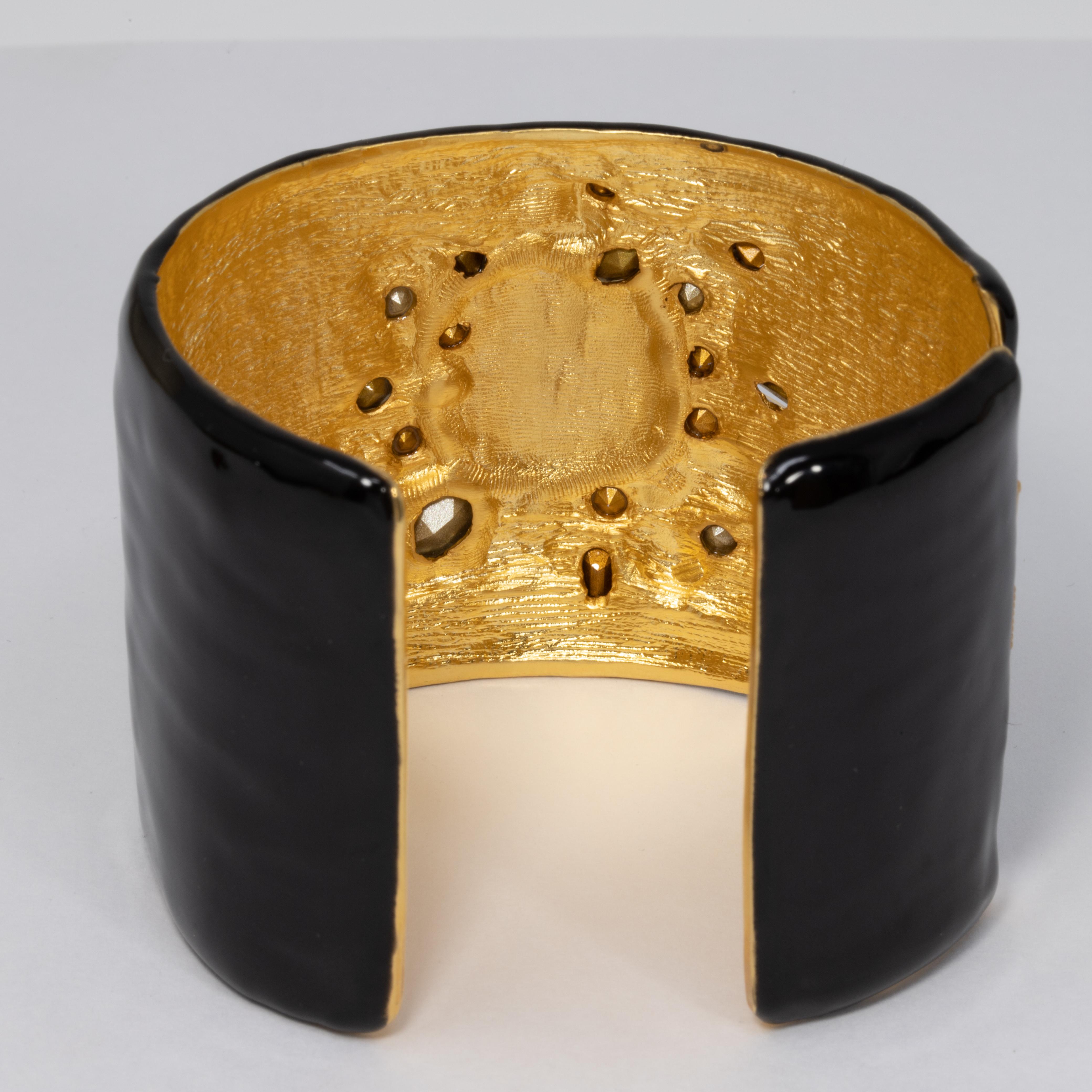 KJL Kenneth Jay Lane Jeweled Maltese Cross Black Enamel Cuff Bracelet in Gold In New Condition In Milford, DE