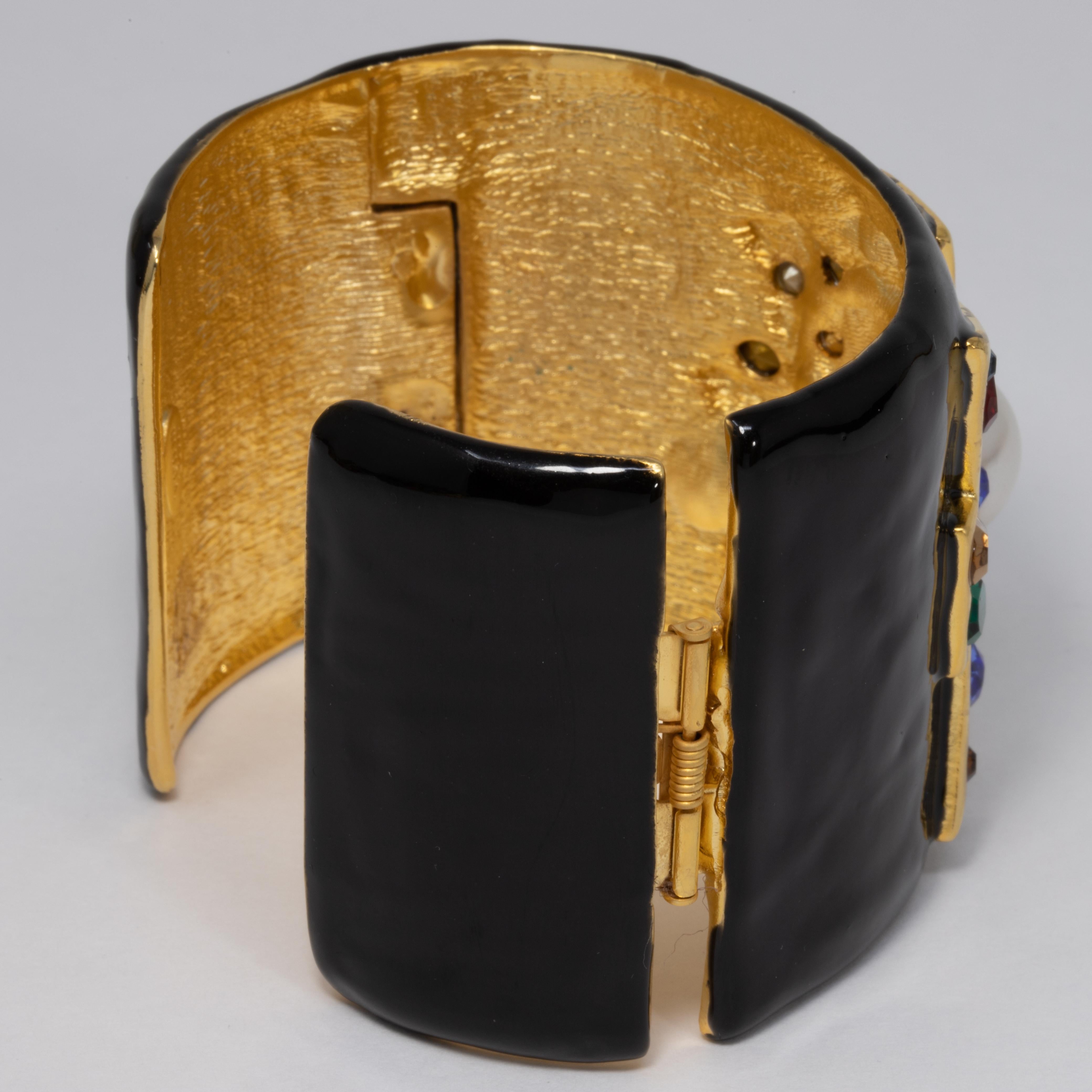 Women's or Men's KJL Kenneth Jay Lane Jeweled Maltese Cross Black Enamel Cuff Bracelet in Gold