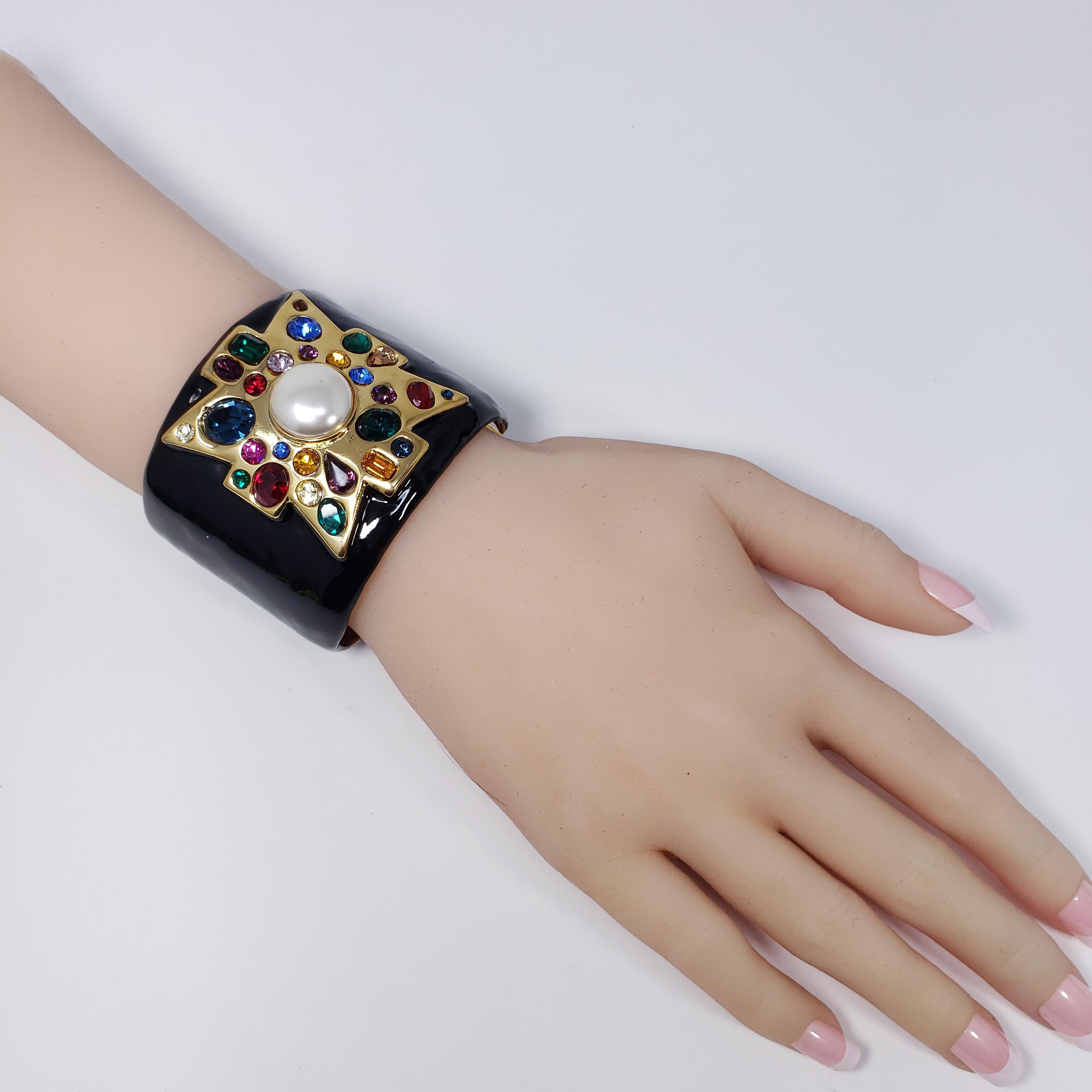KJL Kenneth Jay Lane Jeweled Maltese Cross Black Enamel Cuff Bracelet in Gold 1