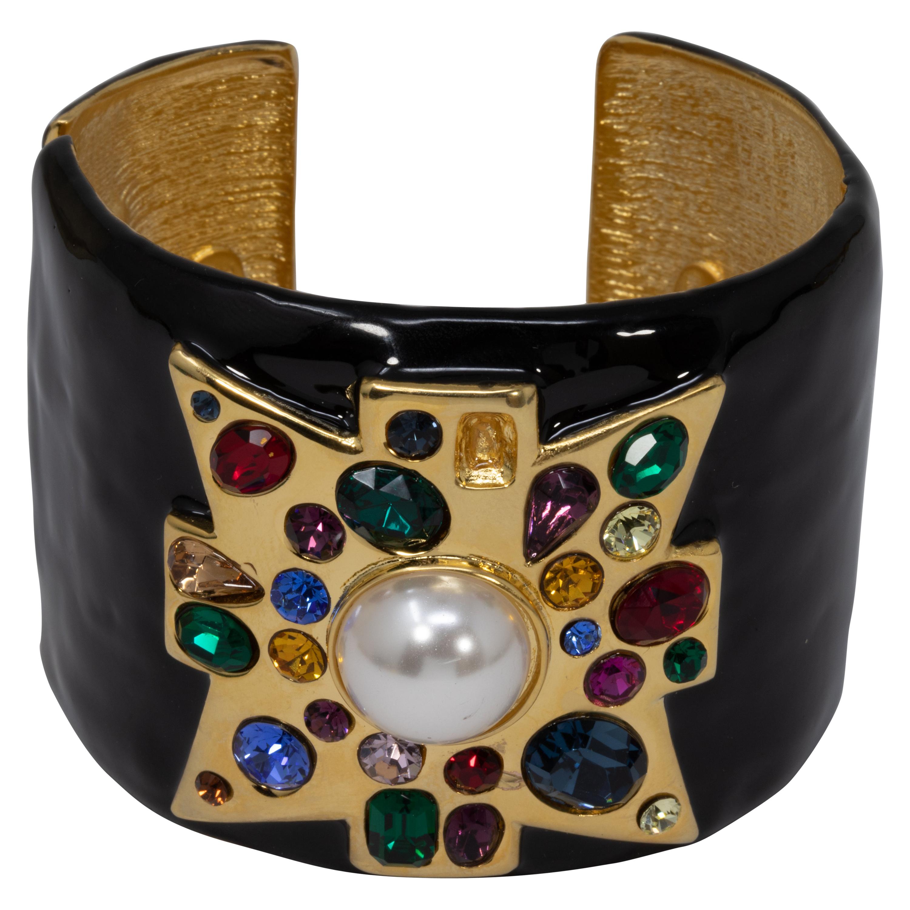 KJL Kenneth Jay Lane Jeweled Maltese Cross Black Enamel Cuff Bracelet in Gold