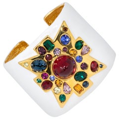 KJL Kenneth Jay Lane Jeweled Maltese Cross White Enamel Cuff Bracelet, Gold