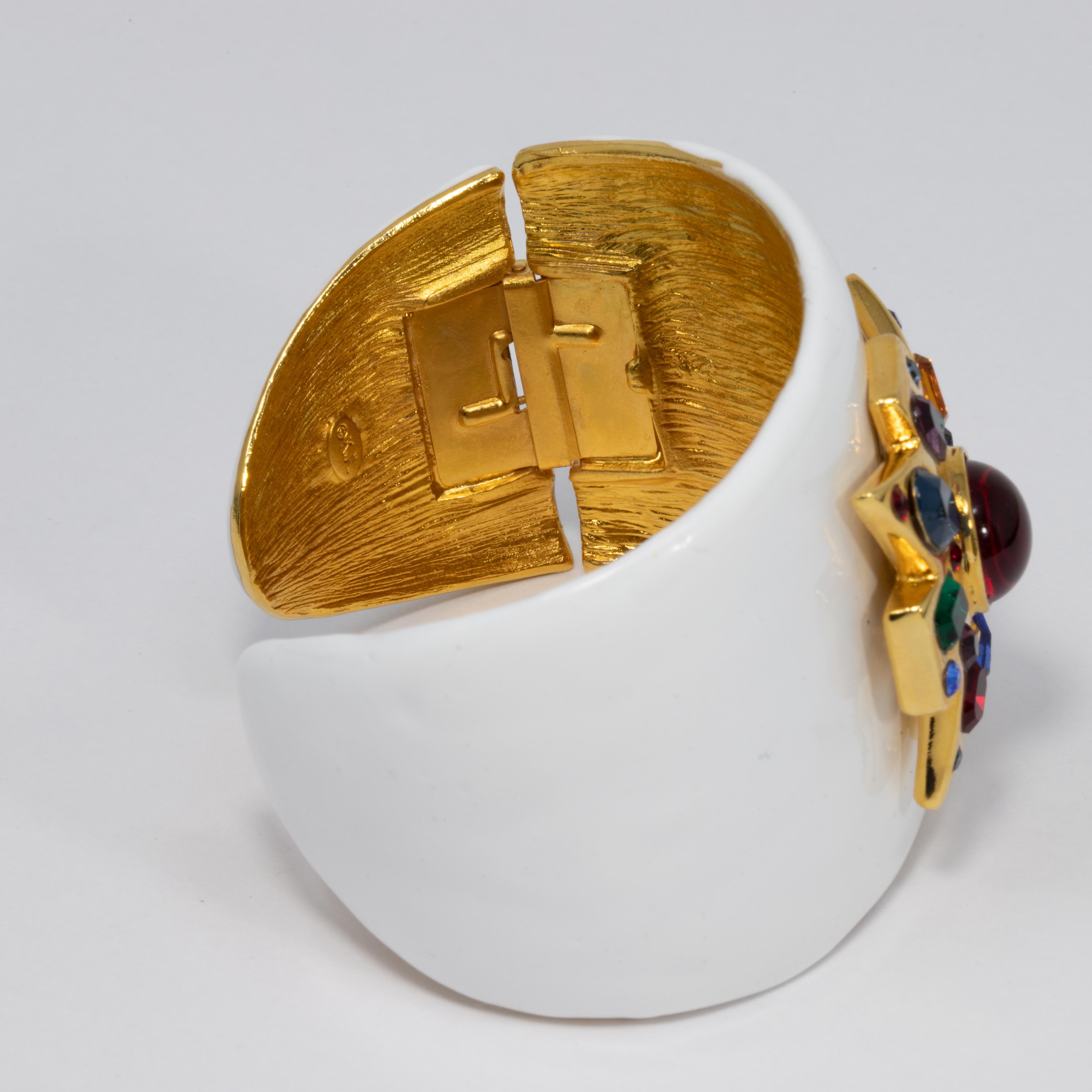 KJL Kenneth Jay Lane Jeweled Maltese Cross White Enamel Cuff Bracelet in Gold In New Condition In Milford, DE