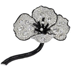 KJL Kenneth Jay Lane Long Stem Big Pave Crystal Flower Pin Brooch, Black Enamel