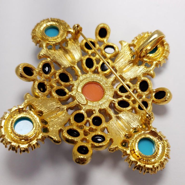 KJL Kenneth Jay Lane Pave Crystal Turquoise Coral Cabochon Pin Brooch ...