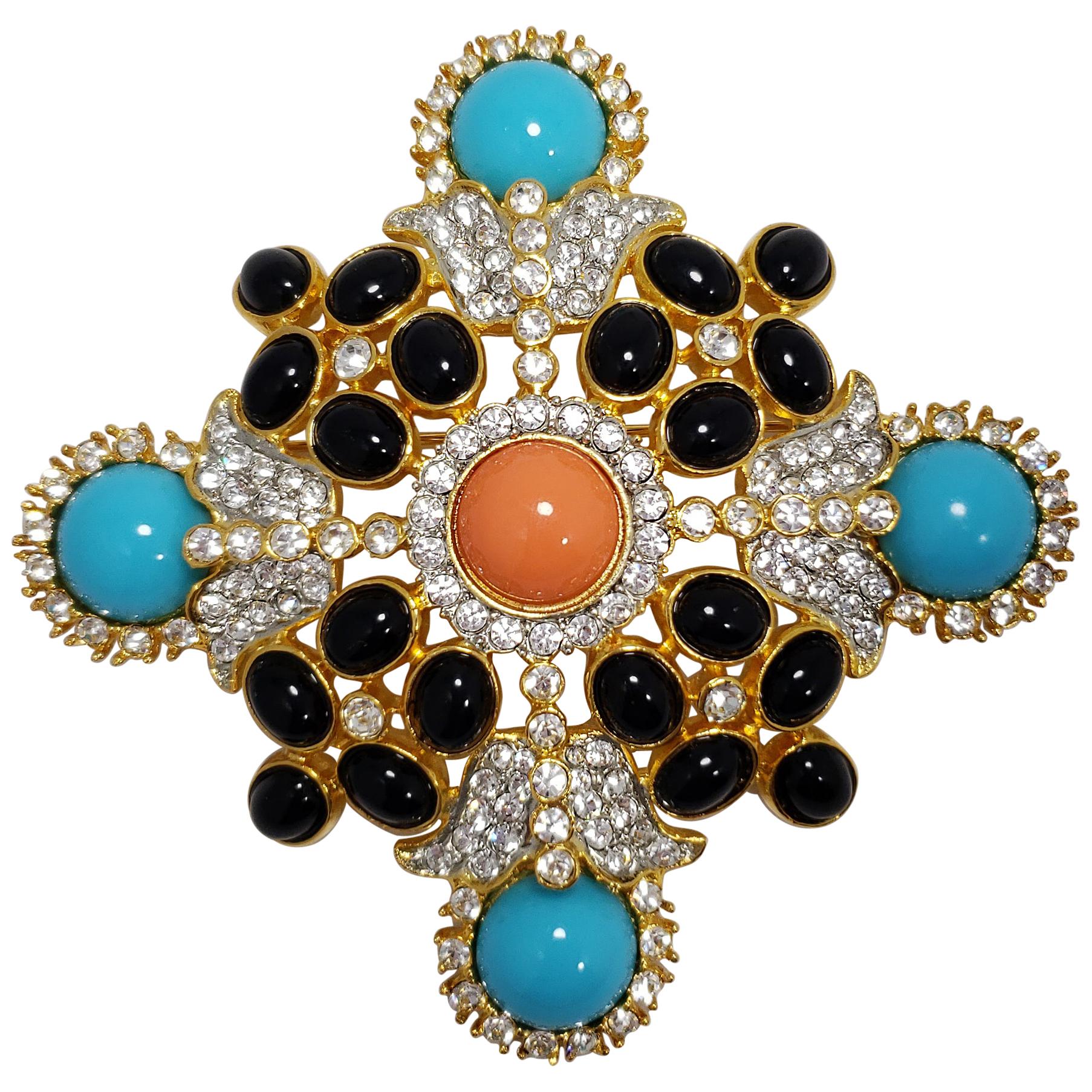 KJL Kenneth Jay Lane Pave Crystal Turquoise Coral Cabochon Pin Brooch Pendant