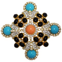 KJL Kenneth Jay Lane Pave Crystal Turquoise Coral Cabochon Pin Brooch Pendant