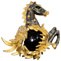 KJL Kenneth Jay Lane Pegasus Brooch, Pin in Gold Black and Gray