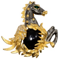 Vintage KJL Kenneth Jay Lane Pegasus Brooch, Pin in Gold Black and Gray