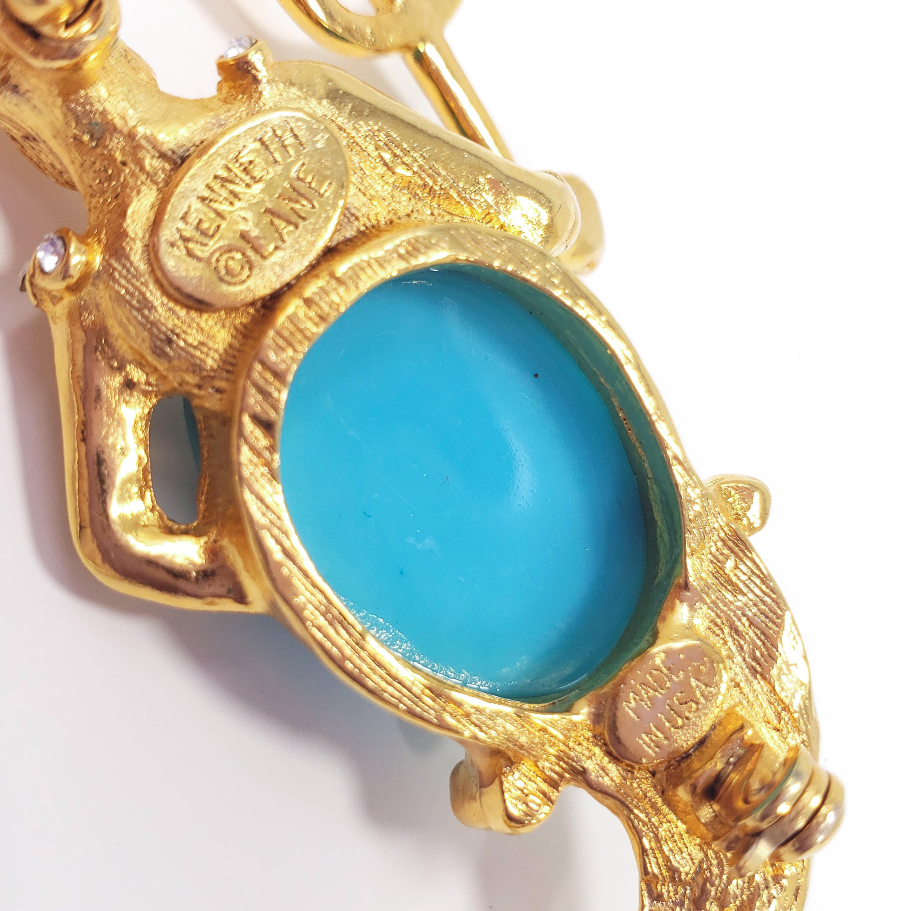KJL Kenneth Jay Lane Poseidon Crystal and Turquoise Cabochon Goldtone Brooch Pin In New Condition In Milford, DE