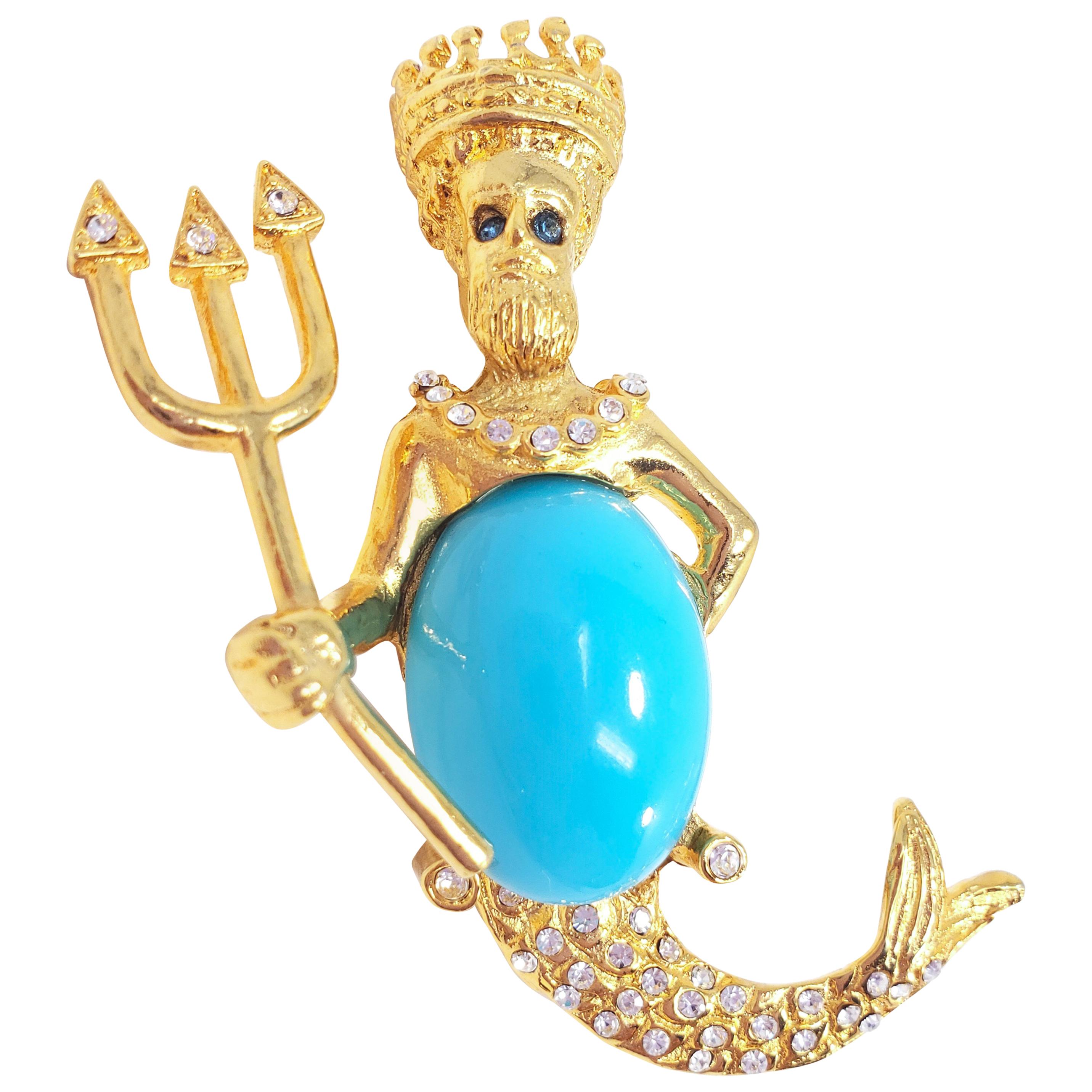 KJL Kenneth Jay Lane Poseidon Crystal and Turquoise Cabochon Goldtone Brooch Pin