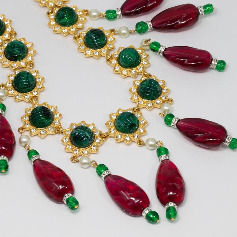 Round Cut KJL Kenneth Jay Lane Red and Green Drop Accents Necklace w Faux Pearls, Crystals For Sale