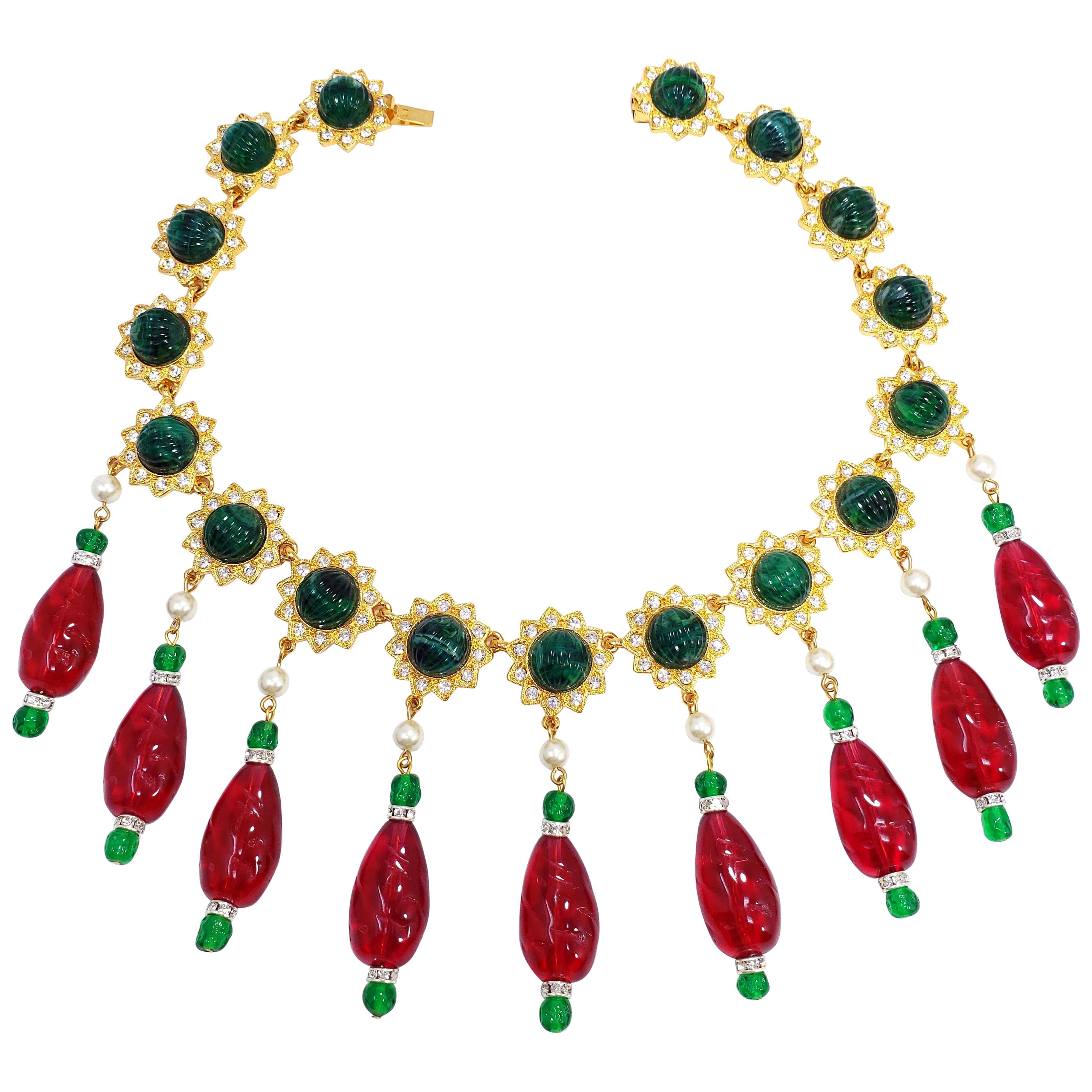 KJL Kenneth Jay Lane Red and Green Drop Accents Necklace w Faux Pearls, Crystals
